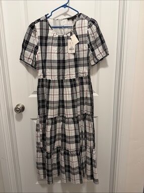 DownEast Black & White Plaid Tiered Dress